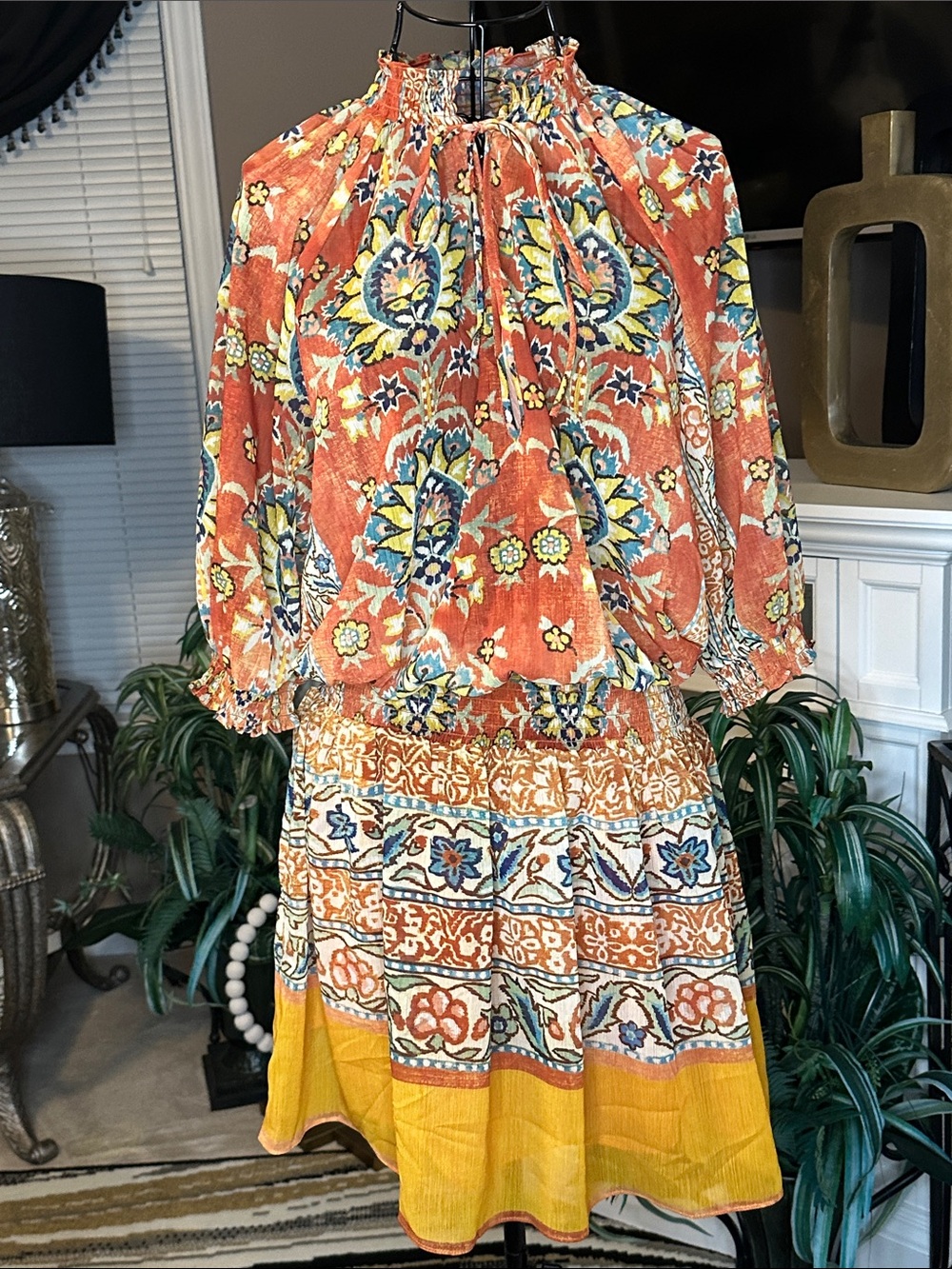 H&M Orange Floral Midi Dress with Yellow Hem